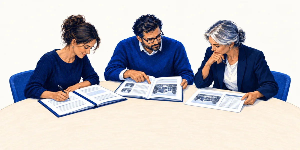 Three illustrated bid specialists writing and reviewing a tender together across a shared table